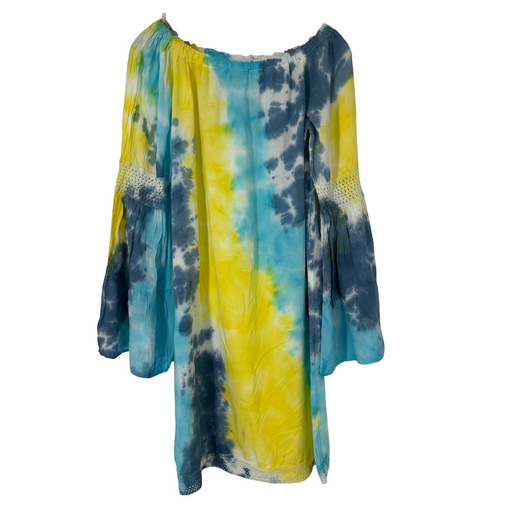 Emily Stacy Tie Dye Off Shoulder Crochet Mini Dress L Bell Sleeve‎ Beach Resort